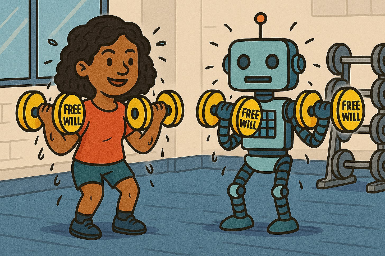 The illustration shows a woman with curly dark hair wearing an orange shirt and blue shorts, lifting yellow dumbbells labeled "FREE WILL" with a smile on her face. She appears to be exerting effort, as indicated by sweat droplets around her. Next to her is a light blue cartoon robot with a simple face, antenna, and mechanical joints. The robot is also lifting yellow dumbbells labeled "FREE WILL" in the same manner as the human. Both characters are standing on a blue gym floor, with a weight rack visible in the background. The illustration shows a woman with curly dark hair wearing an orange shirt and blue shorts, lifting yellow dumbbells labeled "FREE WILL" with a smile on her face. She appears to be exerting effort, as indicated by sweat droplets around her. Next to her is a light blue cartoon robot with a simple face, antenna, and mechanical joints. The robot is also lifting yellow dumbbells labeled "FREE WILL" in the same manner as the human. Both characters are standing on a blue gym floor, with a weight rack visible in the background.