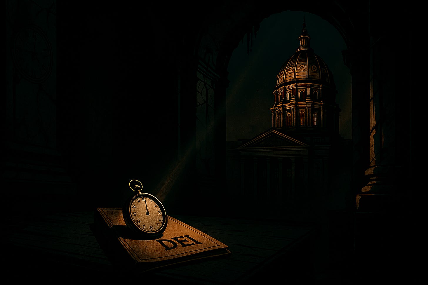 A pocket watch sits on a document labeled 'DEI' in a dark room, illuminated by a single spotlight. In the background, the dome of a government capitol building is visible against a dark sky.