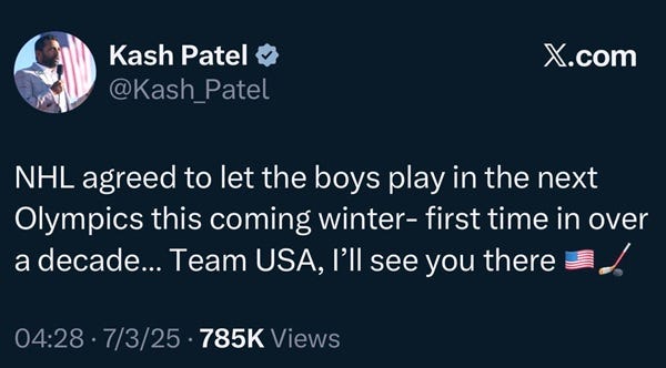 Patel tweet: NHL agreed to let the boys play in the next Olympics this coming winter — first time in over. decade … Team USA, I’ll see you there