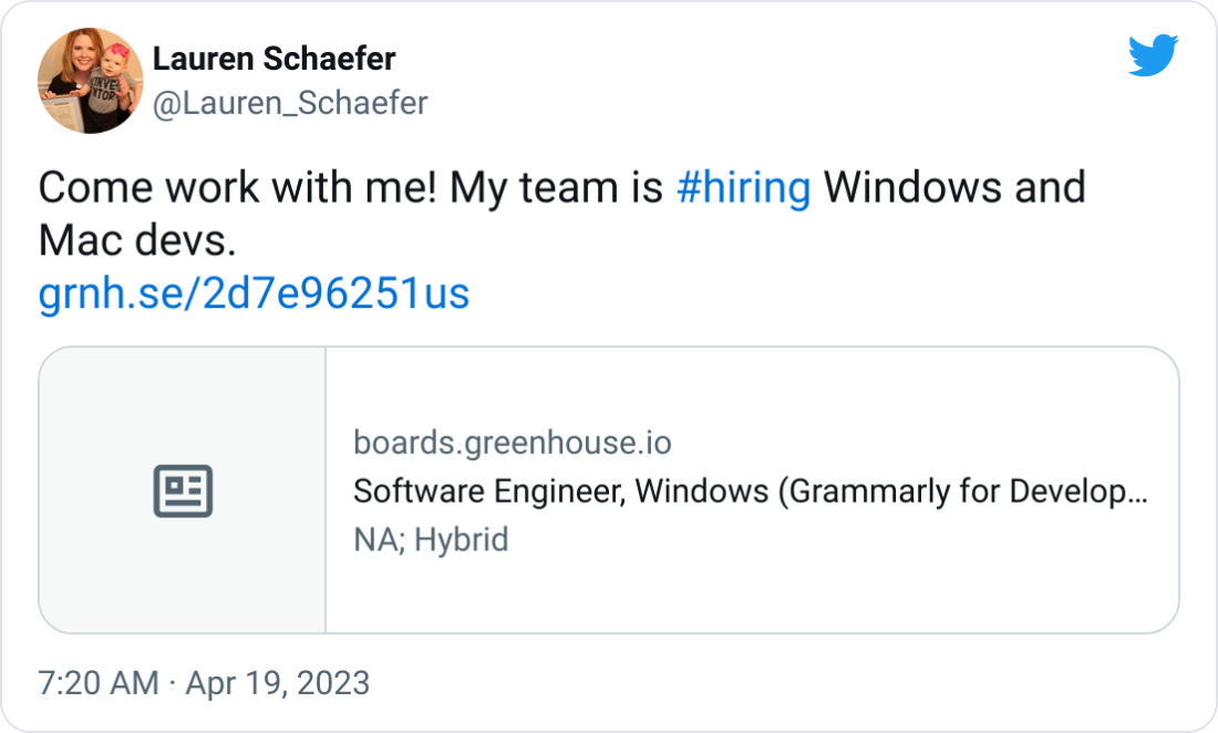 Lauren Schaefer @Lauren_Schaefer Come work with me! My team is #hiring Windows and Mac devs. https://grnh.se/2d7e96251us Lauren Schaefer @Lauren_Schaefer Come work with me! My team is #hiring Windows and Mac devs. https://grnh.se/2d7e96251us