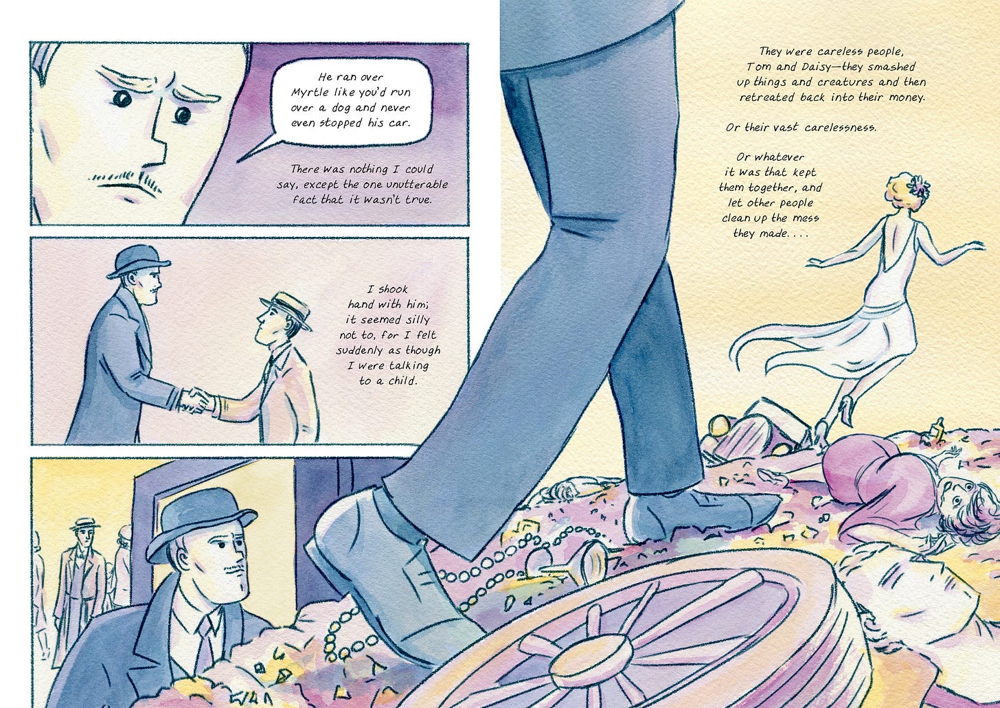Page spread showing Tom and Daisy Buchanan as careless reckless people in The Great Gatsby: A Graphic Novel Adaptation by K. Woodman-Maynard.