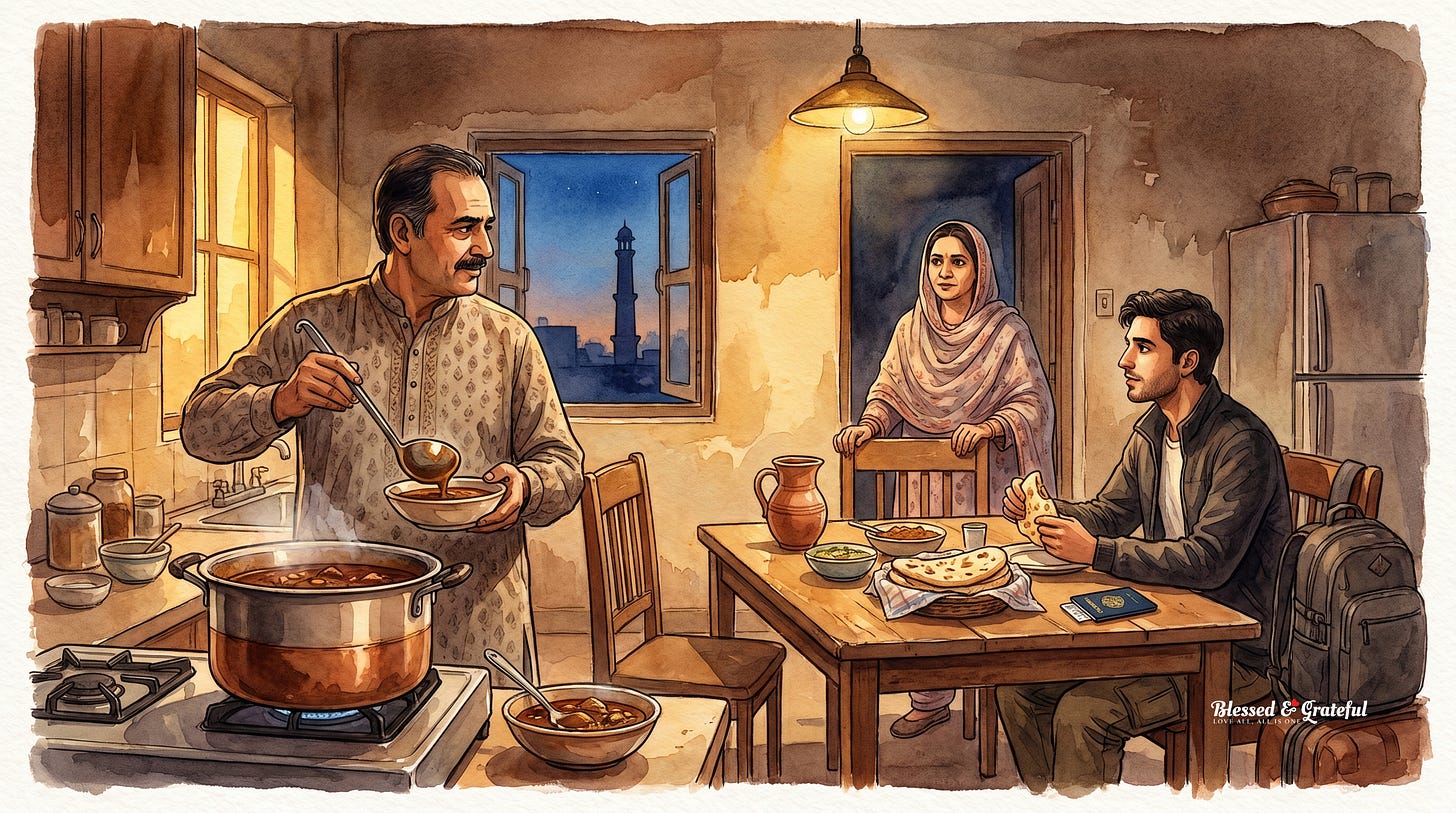 A Karachi family at a dawn table of nihari with naan, before a son leaves