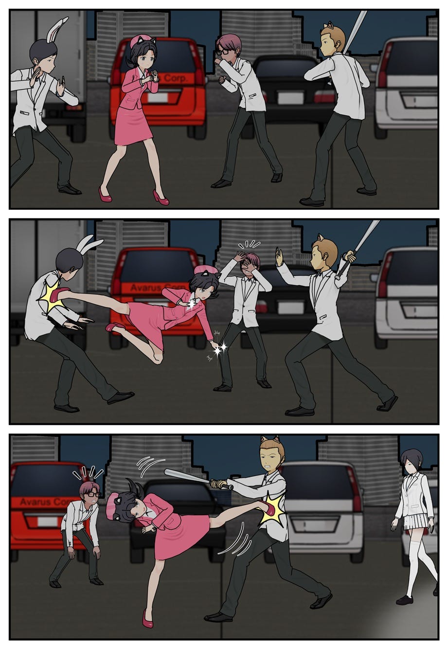 Rae fights the Invidius minions in the parking lot.