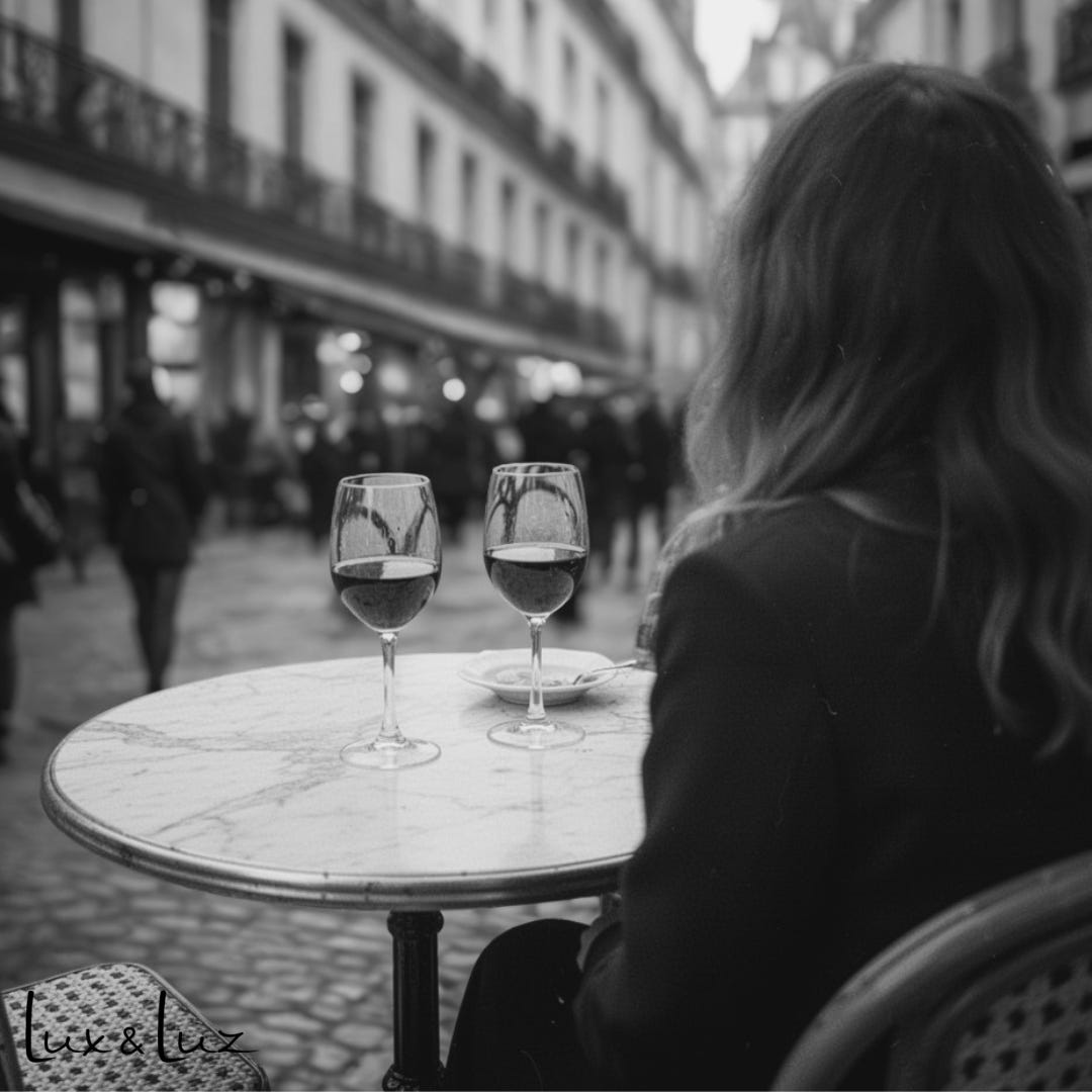 vrouw zit alleen aan tafeltje met wijn in Europese straat sfeer lifestyle moment