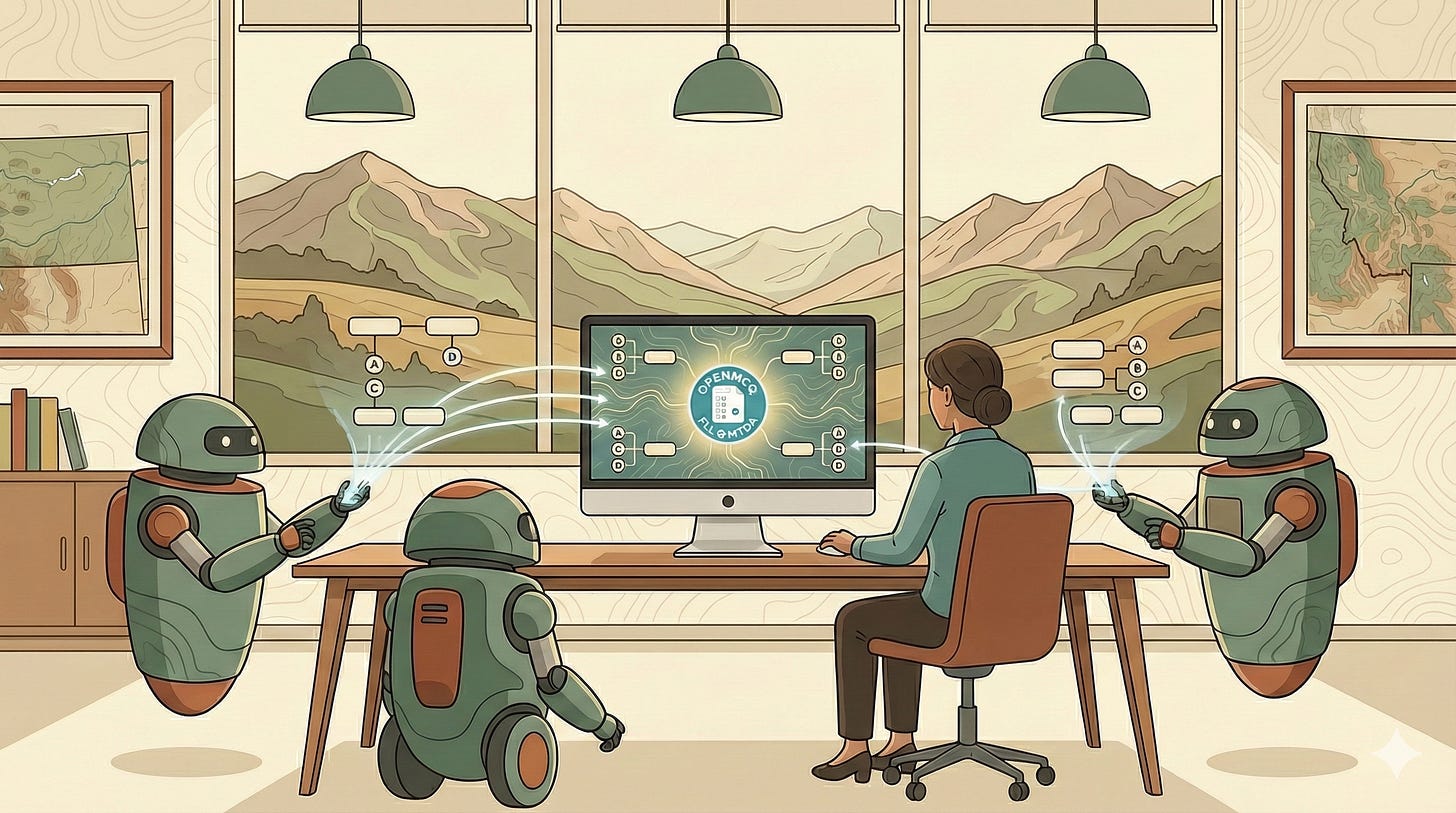 Person works at a desktop computer while three robots stream data toward a central screen.