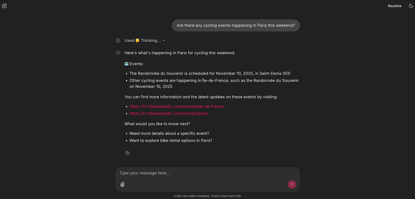 A screenshot showing the agent’s answer about a cycling event, complete with a clickable link.
