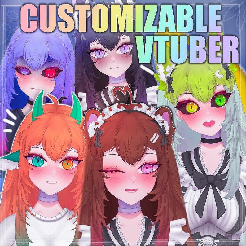 May include: Five customizable virtual avatars with different hair colors, eye colors, and expressions. The avatars are wearing maid outfits. The text 'CUSTOMIZABLE VTUBER' is at the top of the image.