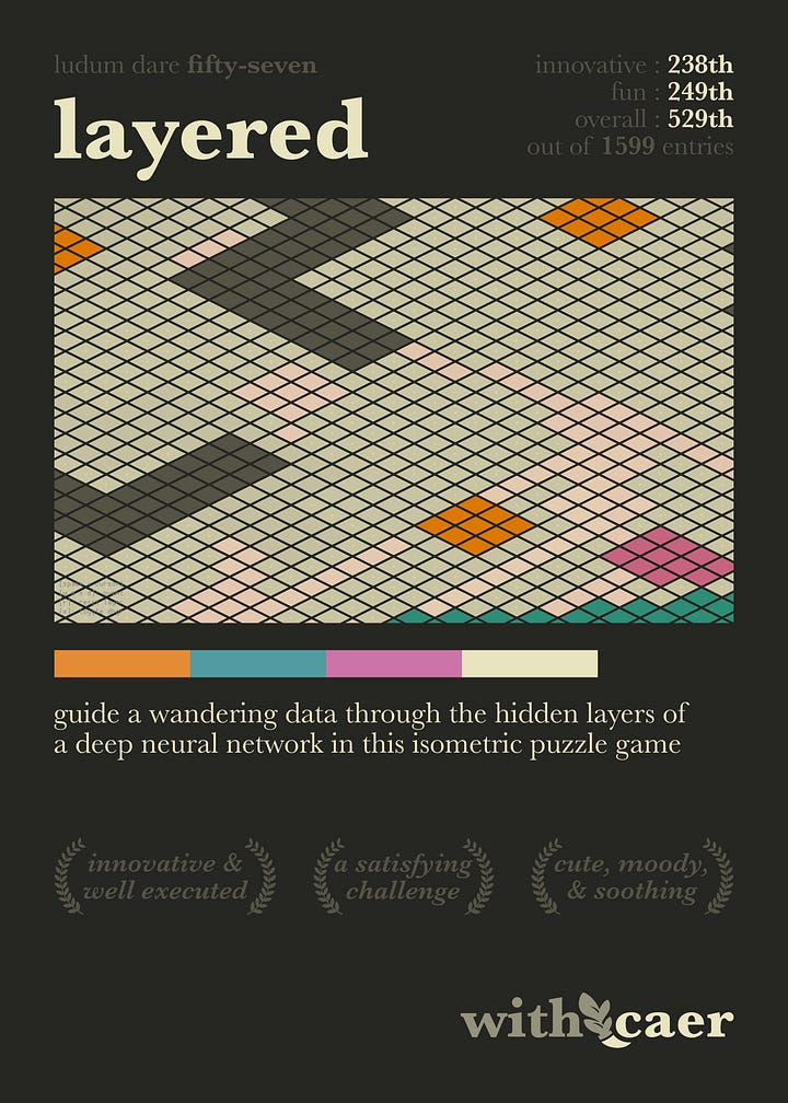 Posters featuring the games "Layered" and "Recollect" created by Caer throughout 2025.