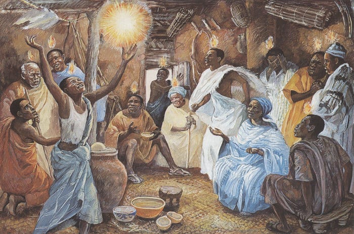 The disciples,men and women depicted with deep brown skin, sit or stand in a roomy hut, many smiling as tongues of flame hover over each head. One of them beams as she reaches up towards a ball of light. The disciples,men and women depicted with deep brown skin, sit or stand in a roomy hut, many smiling as tongues of flame hover over each head. One of them beams as she reaches up towards a ball of light.