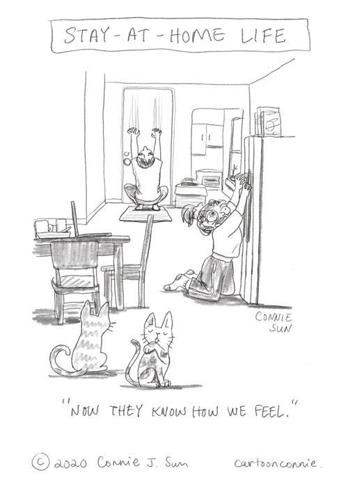 comics, cartoon, quarantine, humor, pandemic, domestic scene, sketchbook, comic art, connie sun, cartoonconnie