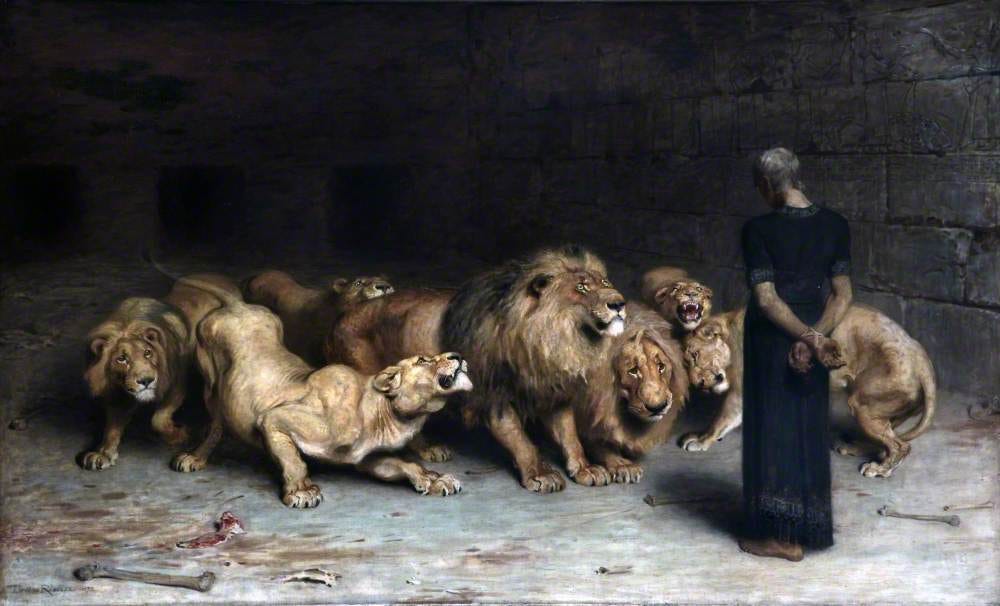 Daniel with his back to us, ringed by a calm pride of lions Daniel with his back to us, ringed by a calm pride of lions