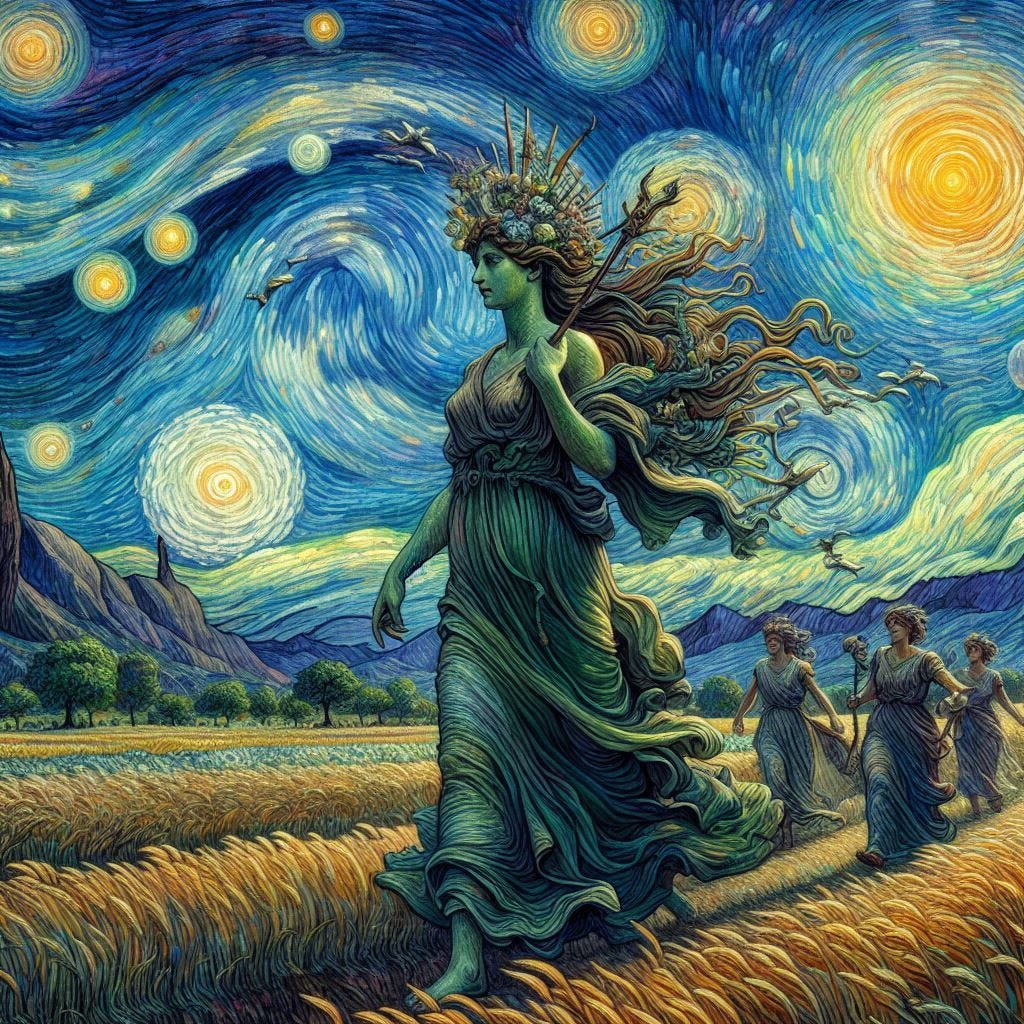 The benevolent and merciful Gaia Goddess walks under a Van-Gogh style sky The benevolent and merciful Gaia Goddess walks under a Van-Gogh style sky