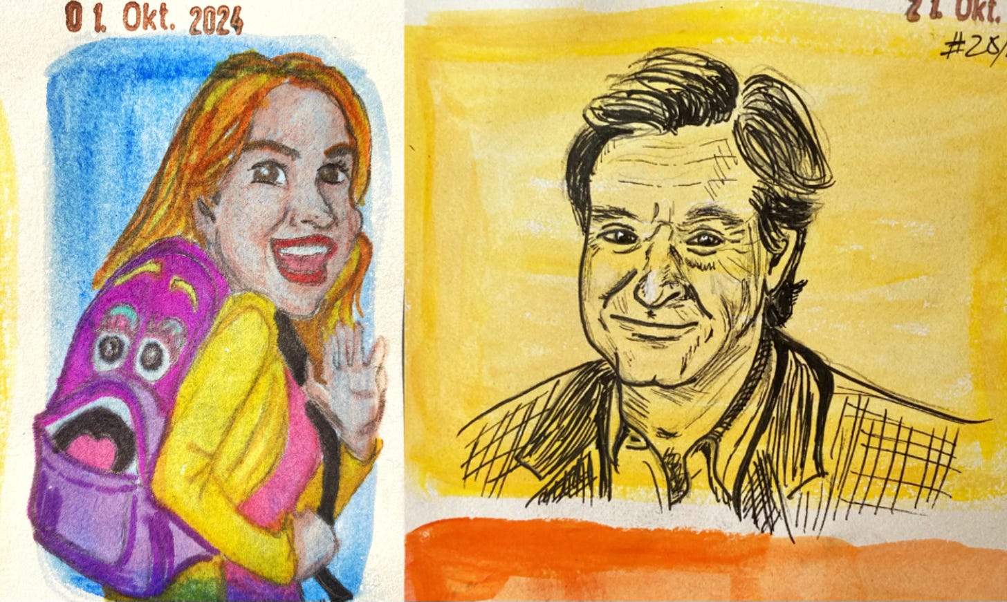 Sketch portraits of Ellie Kemper and Robbin Williams