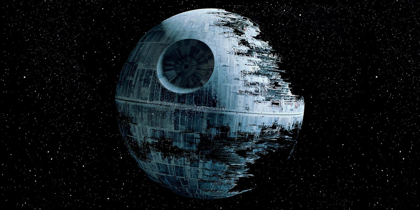 The unfinished second Death Star floating in space.