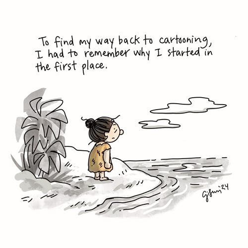 Practicing Courage (1/5) Panel 1/5: Illustration of a girl with a bun on the shore of a deserted island, looking out on open water. Text reads, "To find my way back to cartooning, I had to remember why I started in the first place." Original cartoon by Connie Sun, cartoonconnie, 2024