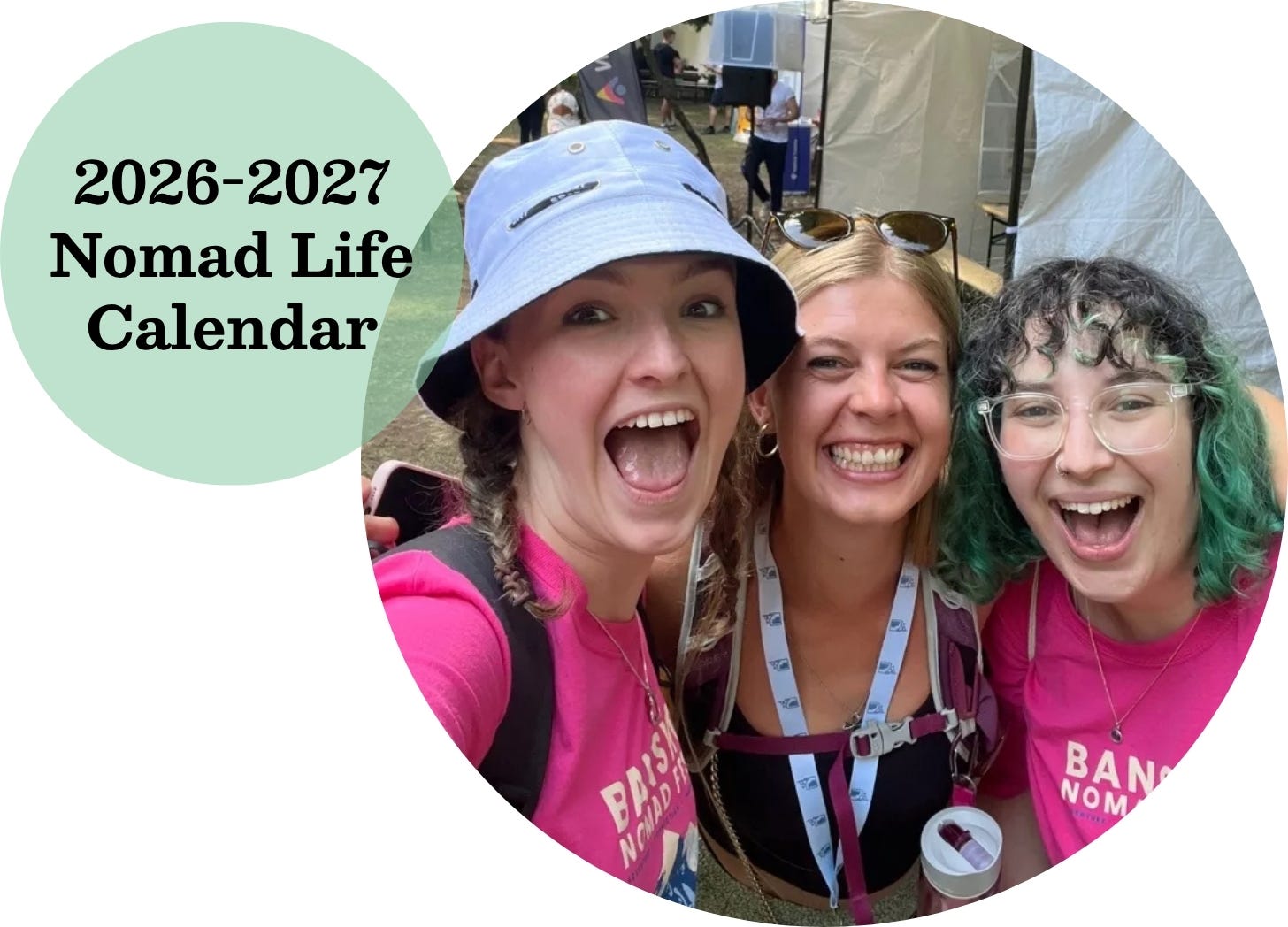 3 young white women have big smiles while looking directly at you. Two are wearing bright pink festival shirts, one is wearing a light blue hat. 3 young white women have big smiles while looking directly at you. Two are wearing bright pink festival shirts, one is wearing a light blue hat.