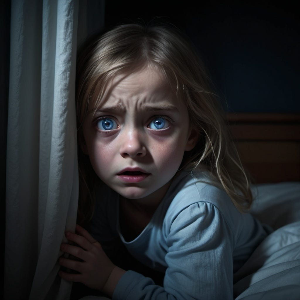 Frightened little girl with big blue eyes watching to make sure a montser does not come into her room.