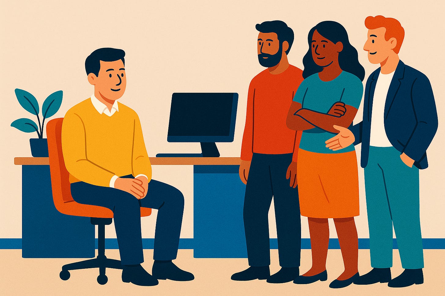 Seated employee smiling as three colleagues stand nearby, suggesting team welcome or onboarding.