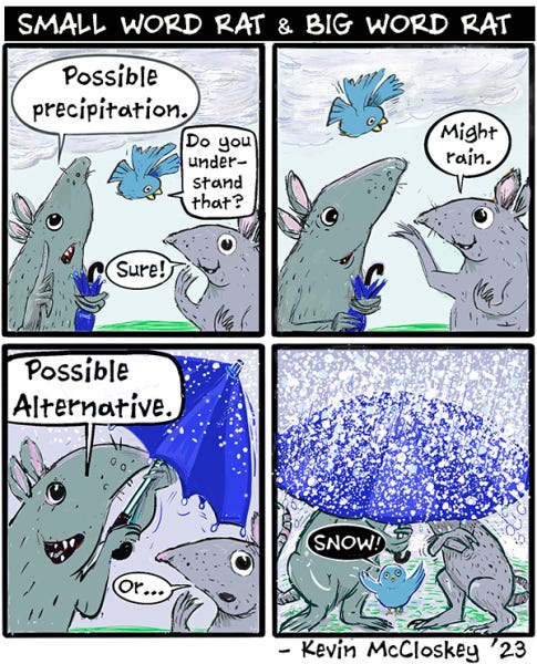 Small Word Rat and Big Word rat look at the grey clouds in the sky. Big Word says Possible Precipitation while clutching an umbrella. Might rain says small word rat. Big Word rat opens the umbrella just as it starts to snow. Possible Alternative says big word rat. Snow.