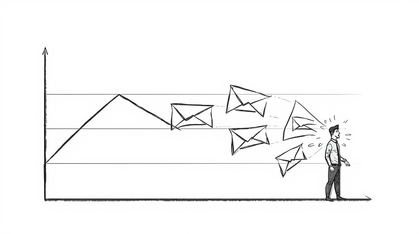 Declining response rate graph with recipient filtering through identical polished messages