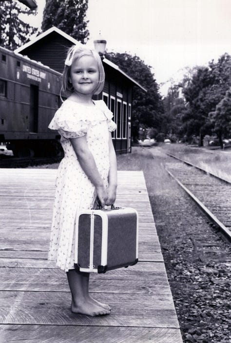L to R: Alexandria at the train depot, Alexandria and Amelia headshot, Amelia at the train depot carrying a little suitcase,,Amelia and Alexandria headshot, Alexandria and Amelia in a field outside, Amelia and Alexandria head shot 
