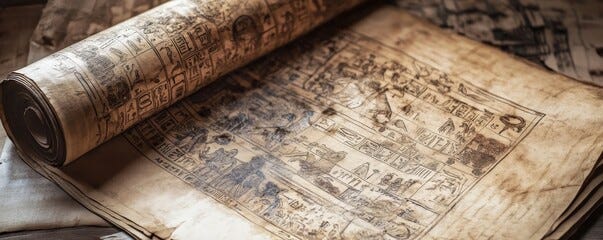 Ancient Egyptian Papyrus Scroll with Detailed Illustrations from the Book of the Dead, Showing Hieroglyphics and Ritual Scenes