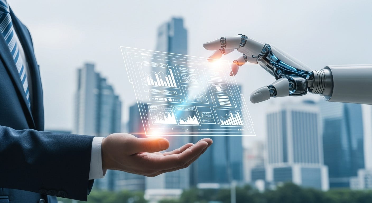 A human hand in a business suit and a robotic hand hold a holographic interface with financial charts, symbolizing innovation and the partnership between finance and technology.