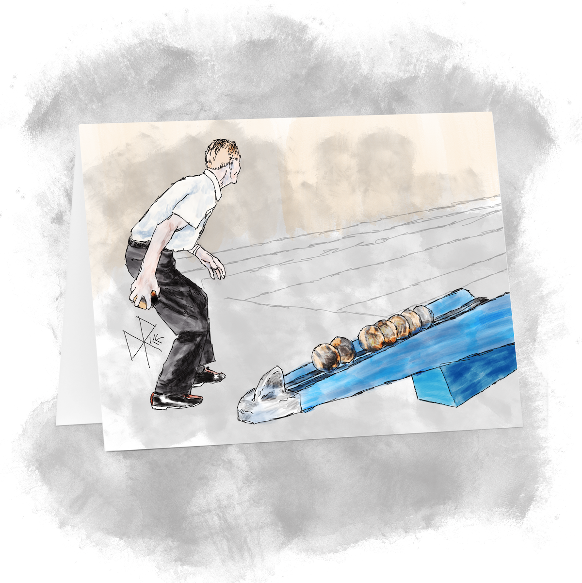 An elderly man stands crouched at the bowing alley, poised to take a step or two and then hurl the ball down his lane toward the pins. Sketch art by Don Rice.