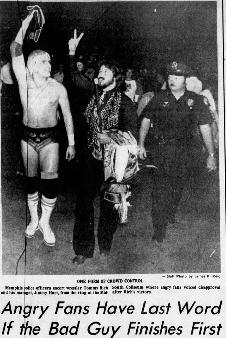 Tommy Rich incites a near riot in a match against Robert Gibson (The Memphis Press-Scimitar Wed, Oct 01, 1980)