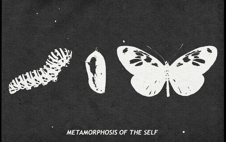 This may contain: a black and white photo with the words metamorpios of the self on it