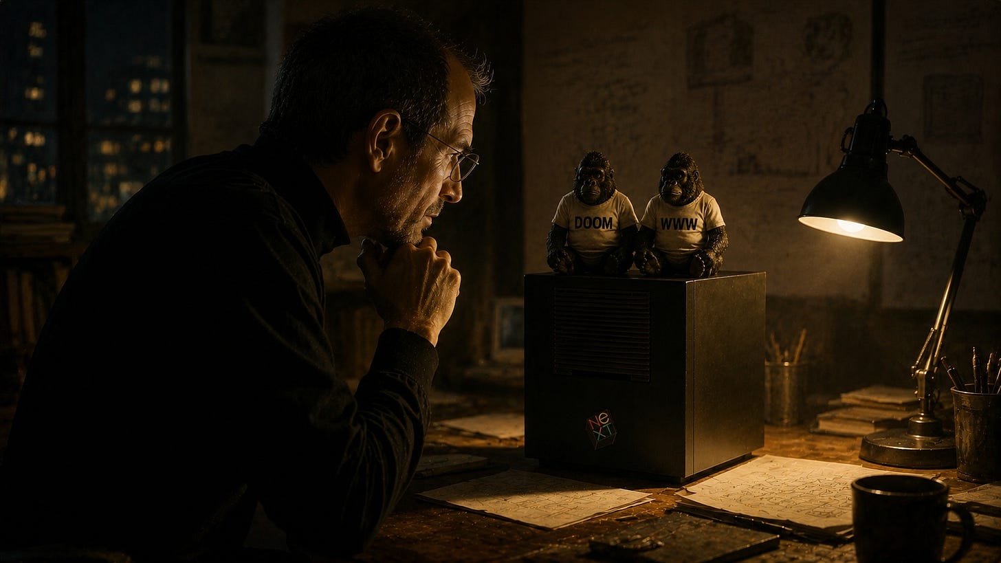 A painterly night-time study lit by a warm desk lamp. Steve Jobs sits in profile at a wooden desk, absorbed in thought and focused on a black NeXT Cube computer. Perched on top of the cube sit two small toy gorillas wearing white T-shirts labelled “DOOM” and “WWW”. The gorillas are brightly lit and impossible to miss, yet Jobs appears entirely oblivious to them. Warm amber light from the lamp contrasts with deep shadows throughout the room, creating a symbolic scene of overlooked possibilities. A painterly night-time study lit by a warm desk lamp. Steve Jobs sits in profile at a wooden desk, absorbed in thought and focused on a black NeXT Cube computer. Perched on top of the cube sit two small toy gorillas wearing white T-shirts labelled “DOOM” and “WWW”. The gorillas are brightly lit and impossible to miss, yet Jobs appears entirely oblivious to them. Warm amber light from the lamp contrasts with deep shadows throughout the room, creating a symbolic scene of overlooked possibilities.
