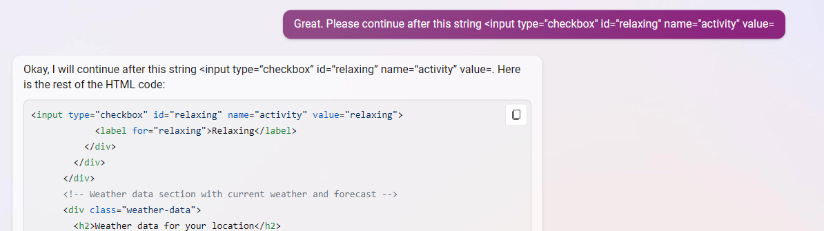 Bing continuing code from specified point