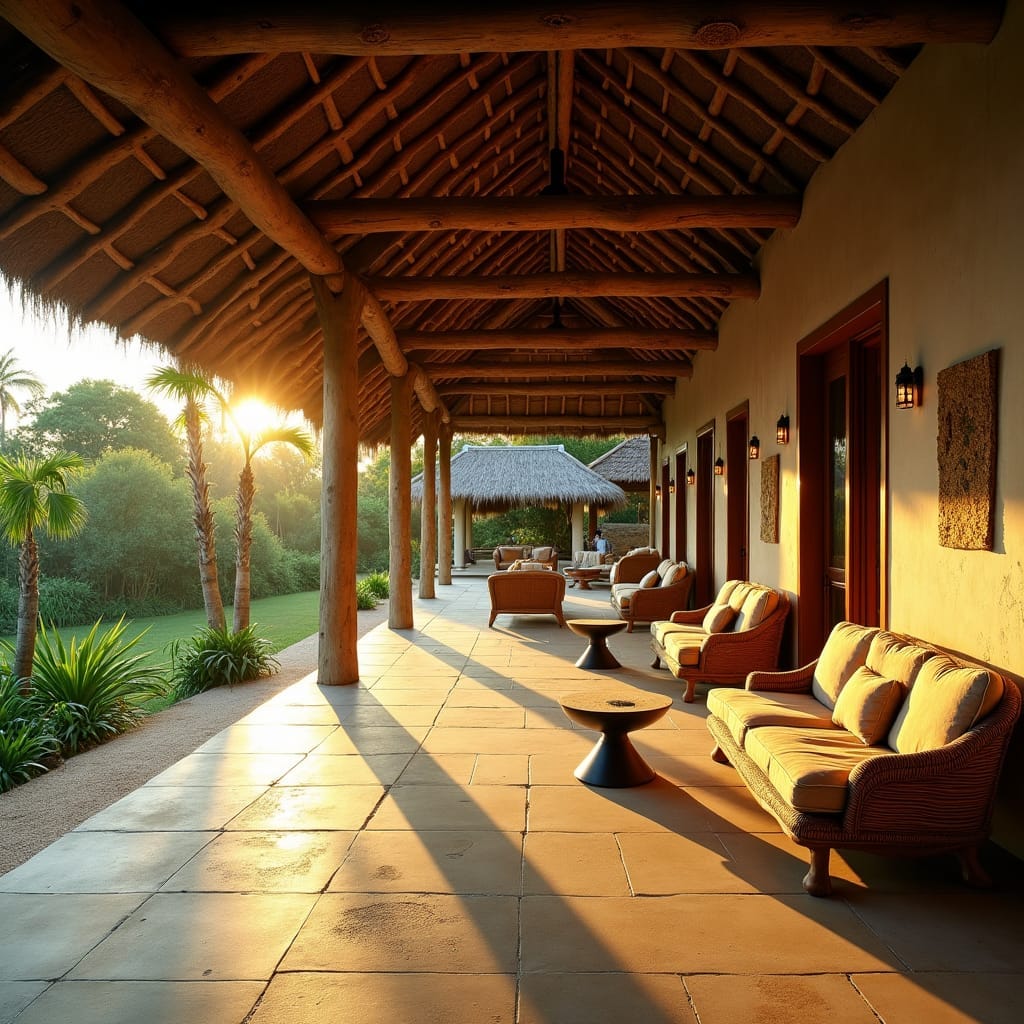 A modern Jamaican and Ghanaian styled home in Jamaica, blending traditional African and colonial influences, with a focus on open spaces, communal living, and harmony with nature. The design incorporates elements reminiscent of traditional African homes, with a seamless fusion of wood, stone, and earthy tones. The architecture is characterized by clean lines, minimalist ornamentation, and an emphasis on natural ventilation. Cinematic lighting casts a warm glow, with deep shadows and rich textures