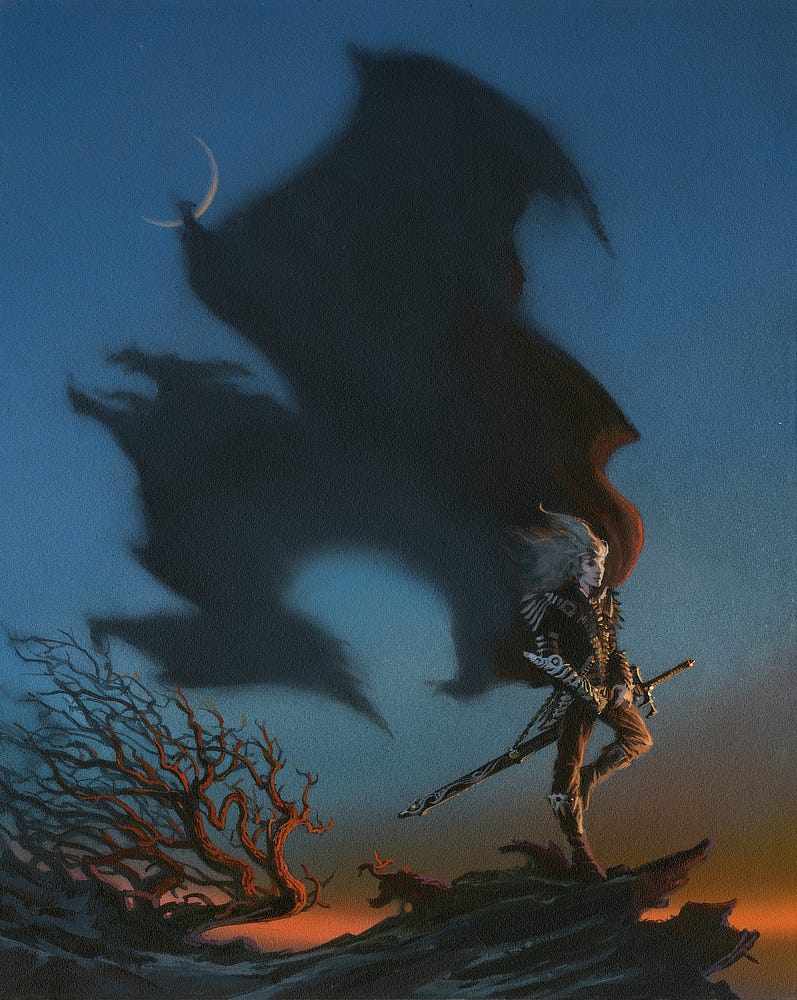 Against the twilight sky, the albino prince Elric dressed in black leather with silver accents stands casually with thumbs tucked into his belt and the flat of one foot propped on the inside of his opposite knee. He gazes off panel right at a sunset unseen. His cloak flaps behind him, mostly rendered in abstract as if casting a demonic bat-like shadow. A band of orange stretches low in the sky providing contrast to the rocky outcrop he stands upon. Behind him a skeletal bush catches the last magical rays of the sun, bathing in detail the textured ridges and wild bends of the bare, gnarly branches. Against the twilight sky, the albino prince Elric dressed in black leather with silver accents stands casually with thumbs tucked into his belt and the flat of one foot propped on the inside of his opposite knee. He gazes off panel right at a sunset unseen. His cloak flaps behind him, mostly rendered in abstract as if casting a demonic bat-like shadow. A band of orange stretches low in the sky providing contrast to the rocky outcrop he stands upon. Behind him a skeletal bush catches the last magical rays of the sun, bathing in detail the textured ridges and wild bends of the bare, gnarly branches.