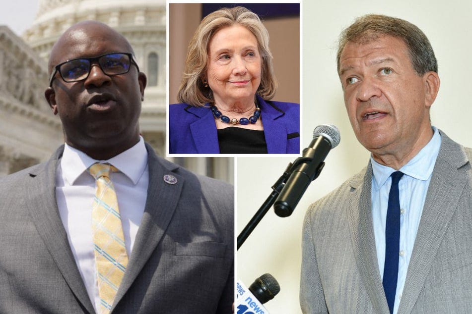Former Secretary of State Hillary Clinton (c.) has backed Westchester County Executive George Latimer (r.) over Democratic incumbent Jamaal Bowman in the primary for New York's 16th congressional district. Former Secretary of State Hillary Clinton (c.) has backed Westchester County Executive George Latimer (r.) over Democratic incumbent Jamaal Bowman in the primary for New York's 16th congressional district.