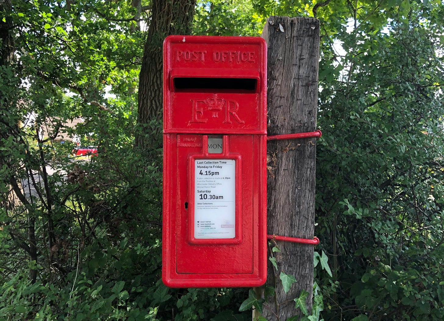 Image shows a small Royal Mail, red postbox, with trees in the background Image shows a small Royal Mail, red postbox, with trees in the background