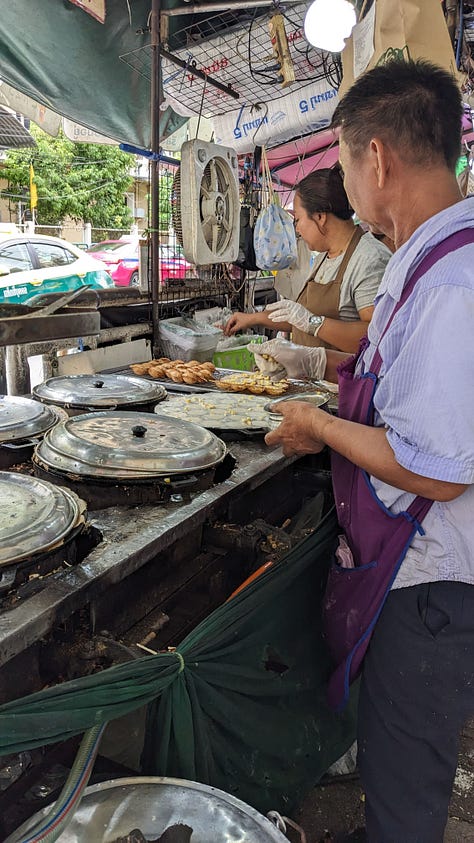 scenes from mall food courts + vendors cooking at food stalls in Bangkok, Thailand including a Dunkin' Donuts