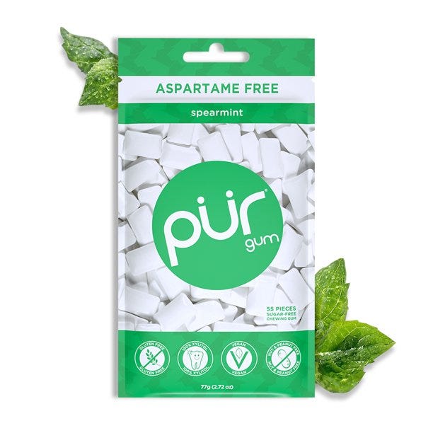 PUR Gum, Sugar Free, 100% Xylitol, Vegan, Aspartame Free, Gluten Free & Diabetic Friendly, Natural Spearmint Flavored Gum, 55 Pieces (Pack of 1)