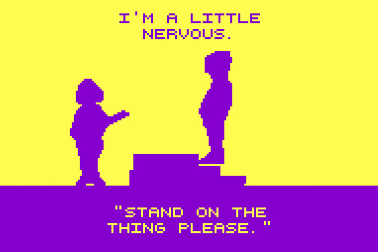An Atari-style person climbs stairs