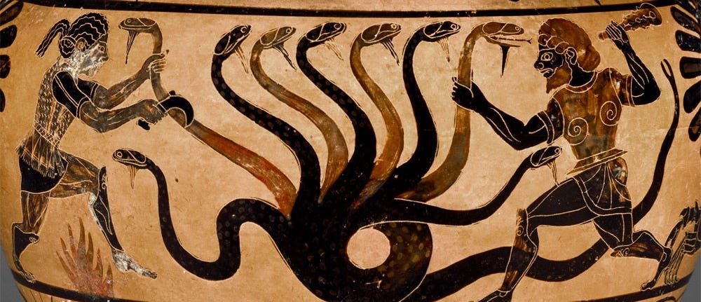 Hydra & Heracles | Caeretan black figure vase painting Hydra & Heracles | Caeretan black figure vase painting