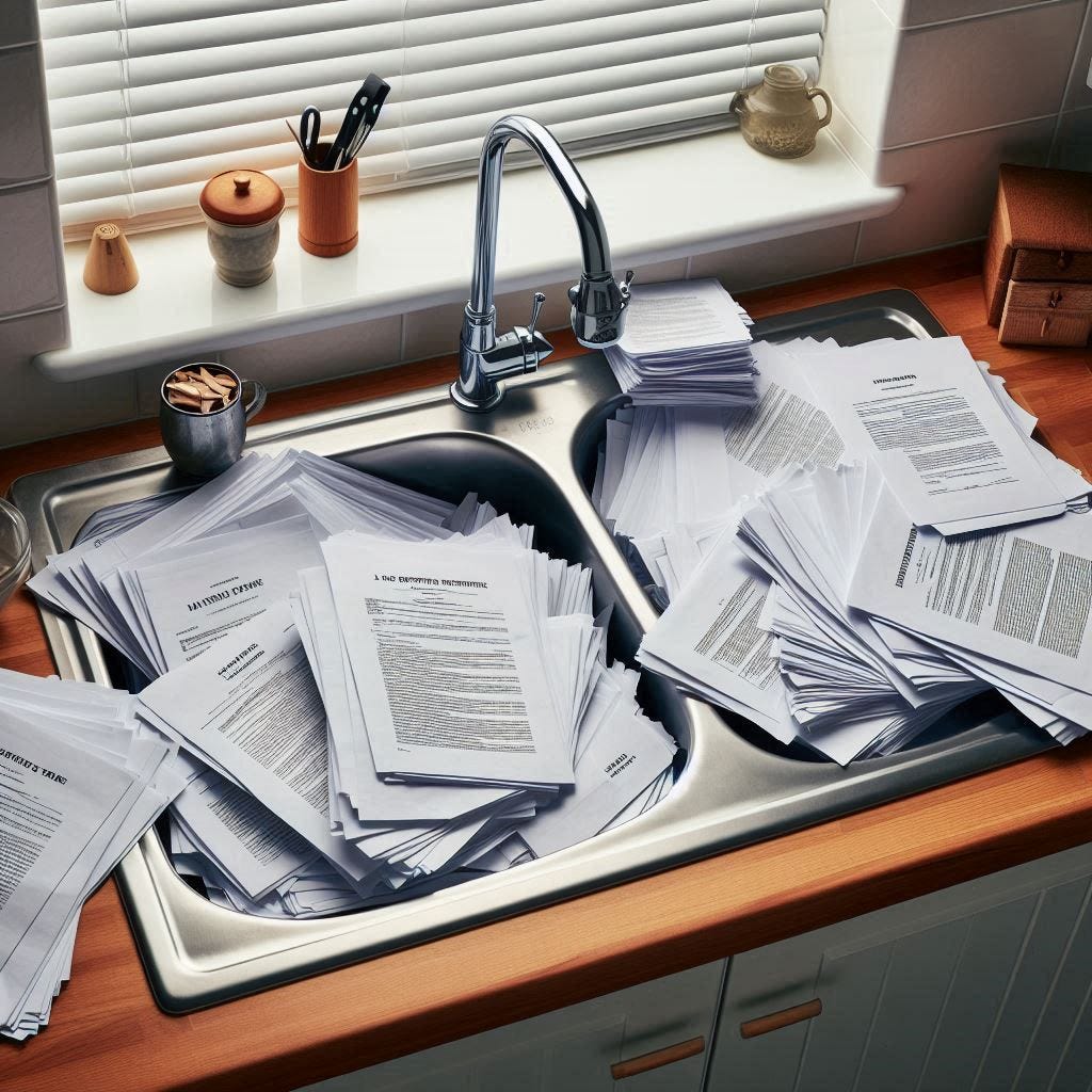 A kitchen sink with lots of official looking legal papers scattered around on it