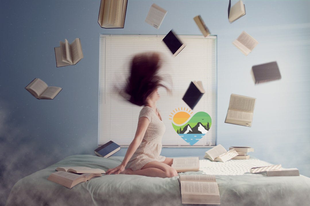 woman sitting on bed with flying books