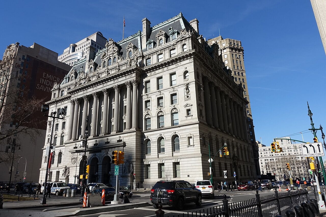 The Beaux-Arts Surrogate’s Courthouse on Chambers Street in Manhattan, under a blue sky