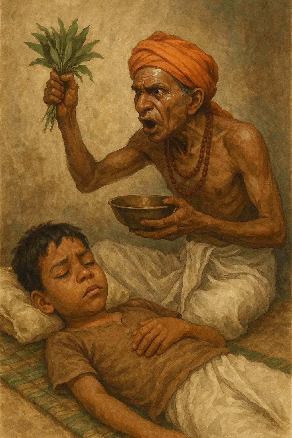 A shaman waving a bunch of neem leaves over a sick little boy lying on a mat.