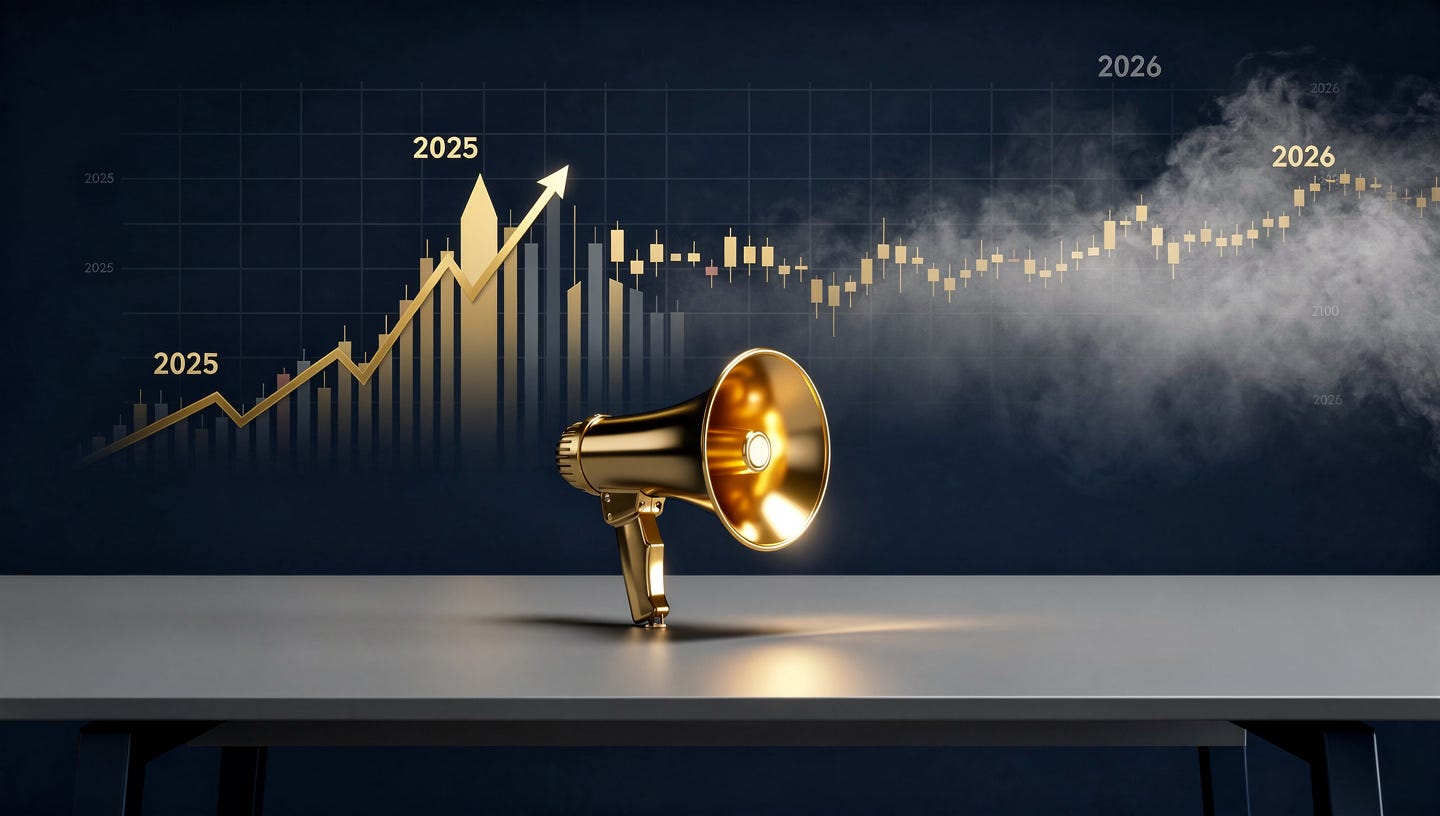A high-quality editorial illustration for a financial blog. A golden megaphone stands prominently on a minimalist desk, reflecting a glowing light. In the background, a clean stock market chart transition from a 2025 peak into a misty, uncertain 2026 horizon. Professional color palette: navy blue, slate gray, and bright gold. 8k resolution, clean aesthetic, cinematic lighting.