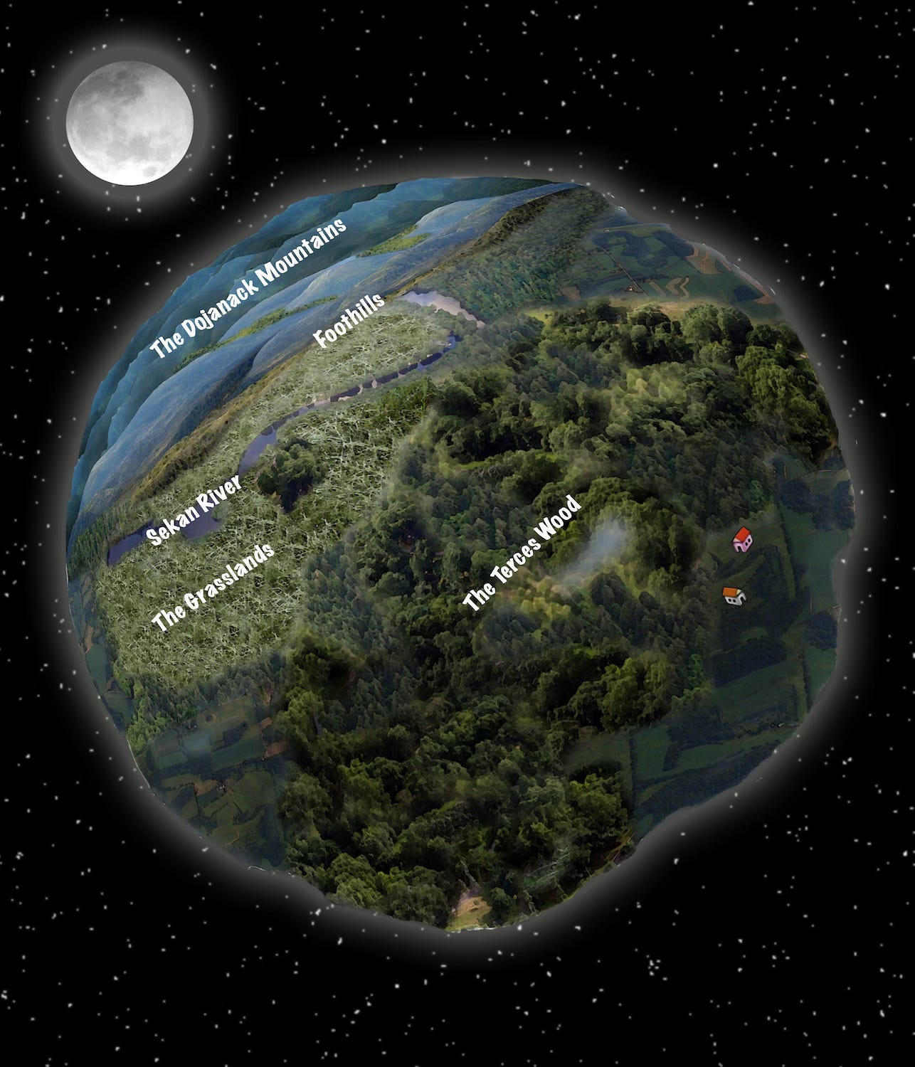 A round planet with mountains and woods with a moon in the background.