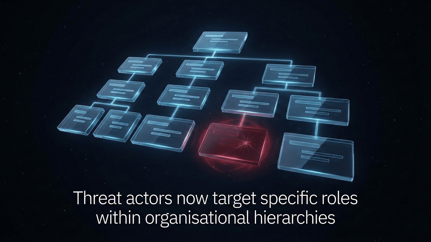 Abstract visualisation of a corporate hierarchy rendered in glass panels, with one lower panel glowing red to represent internal compromise.
