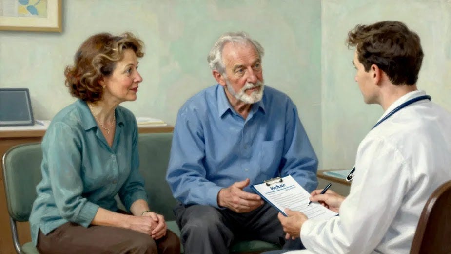Illustration of seniors reviewing Medicare documents with a healthcare advisor.
