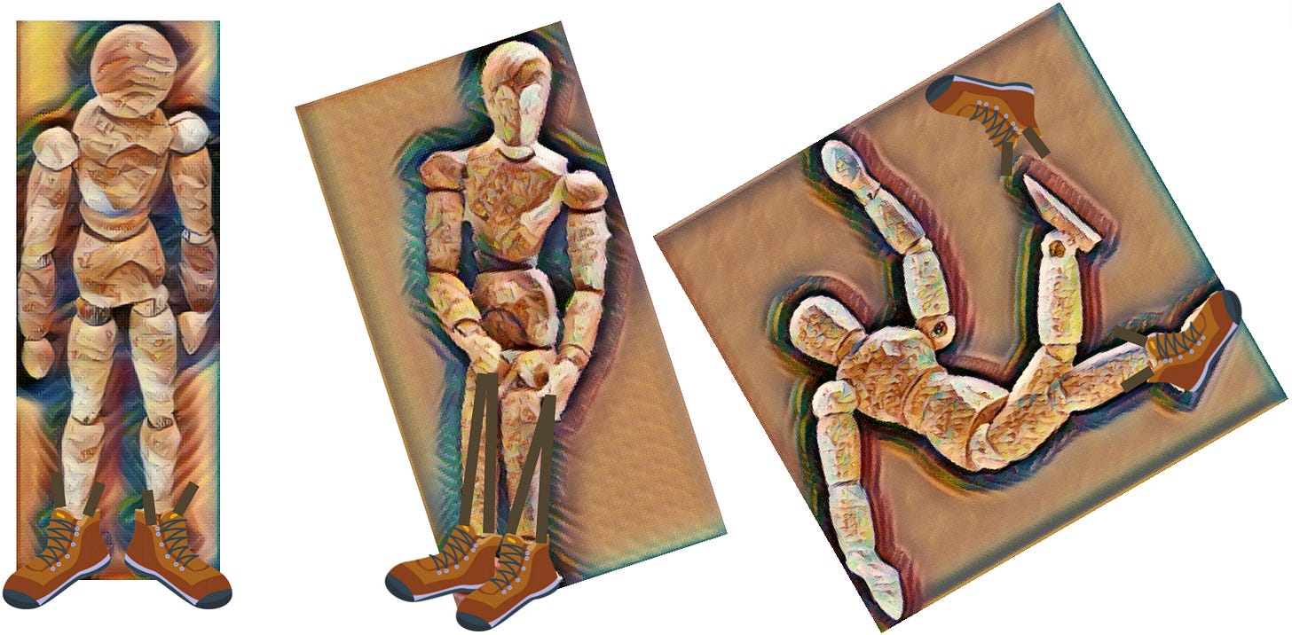 Images of artist’s figures pulling on bootstraps and falling on its butt