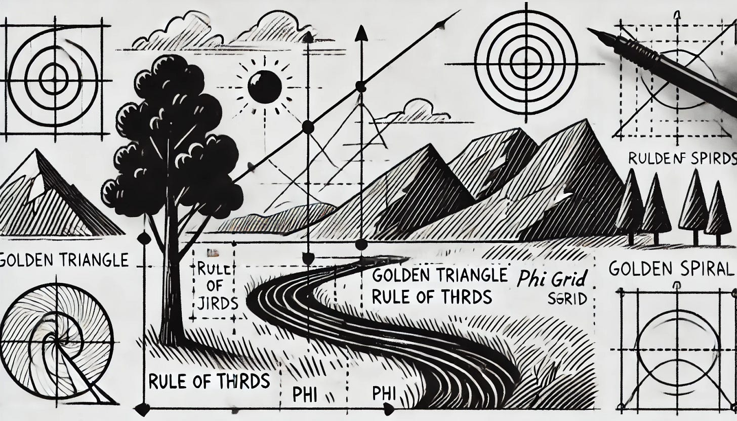 A simplified black-and-white ink drawing in landscape format illustrating common composition techniques in art and photography